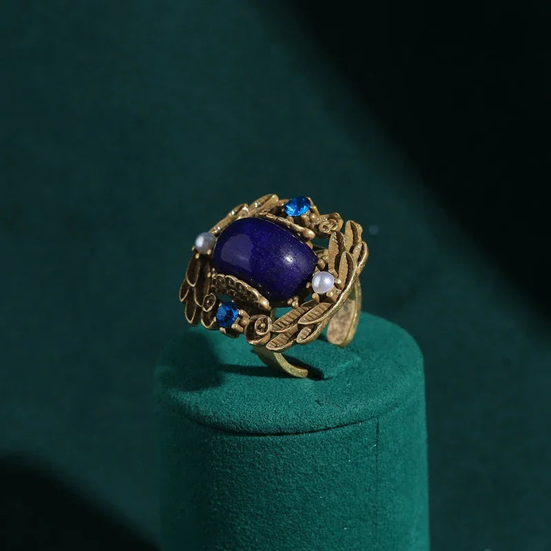 Edwardian Leaf Motif Ring – Gold-Plated with Square Blue Stone