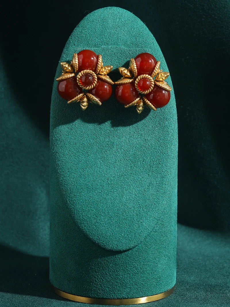 Art Deco Red Glazed Leaf Earrings – Triple Studs with Gold-Toned Floral Detail