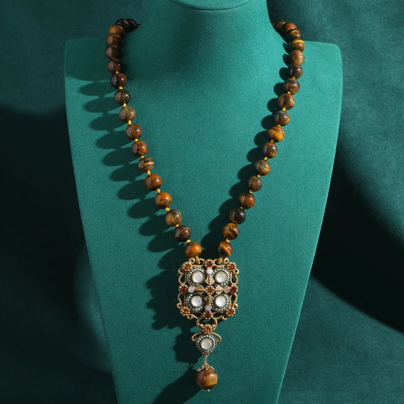 Vintage Tiger's Eye Beaded Necklace with Ornate Pendant