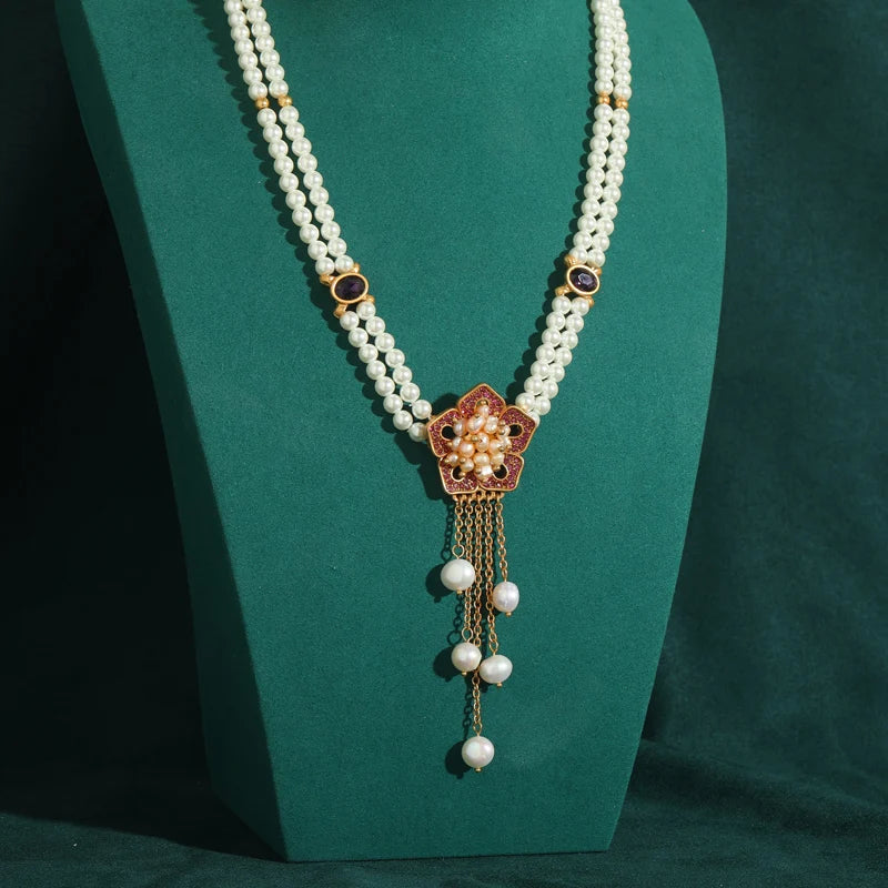 Vintage Plum Blossom Pearl Pendant Necklace – Edwardian & Garden Elegance