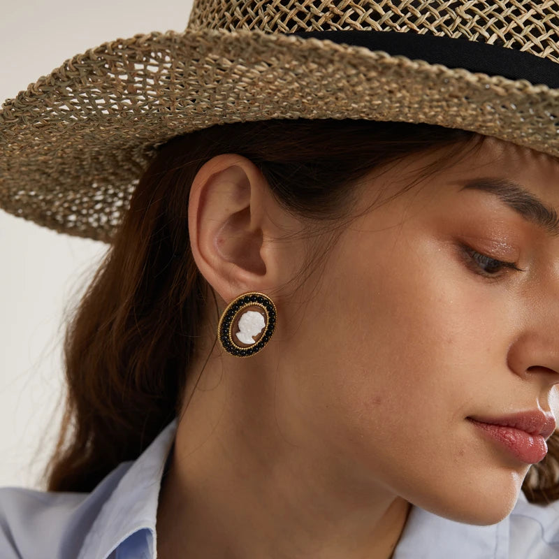 Victorian Black & White Cameo Earrings – Ornate Rhinestone Clip-Ons