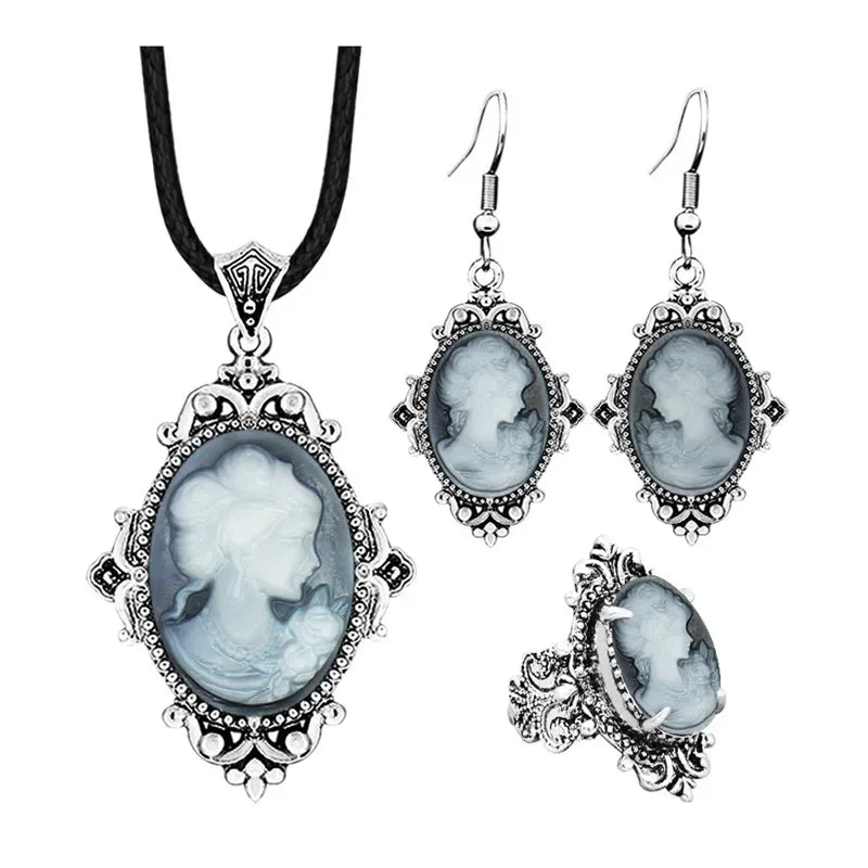 Lady Queen Cameo Jewelry Set (Necklace, Earrings & Ring)