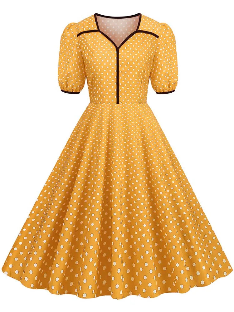 Vintage Polka Dot Swing Dress - Polyester Retro Rockabilly Dress