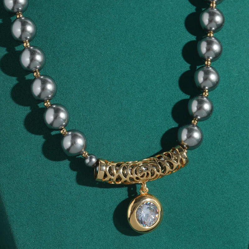 Gray Pearl & Zircon Pendant Necklace – Retro Hollywood Noir Revival