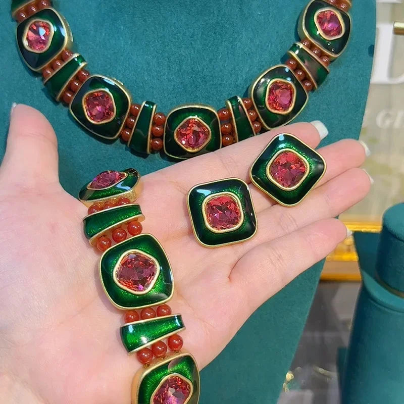 80s Power Glam Pink Crystal Square Stud Earrings – Enamel Sugar Statement Pair