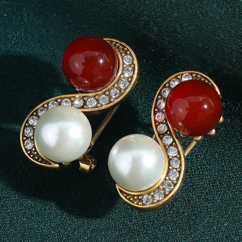 Vintage Red Agate & Pearl Earrings – 1950s Sculptural Cocktail Glam