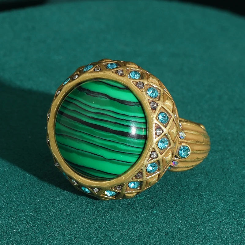 Vintage-Inspired Malachite Statement Ring – 18K Gold-Plated Copper