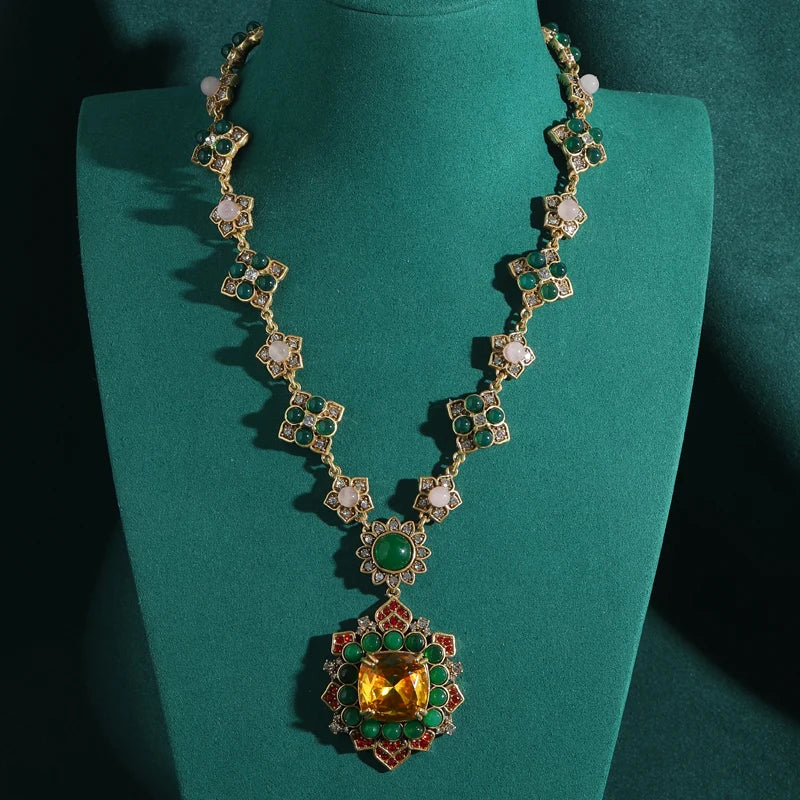 Vintage Green Glaze Pendant Necklace with Crystal Pink Flower