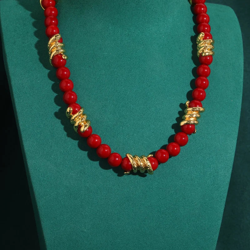 Vintage Spiral Red Glaze Beaded Choker Necklace