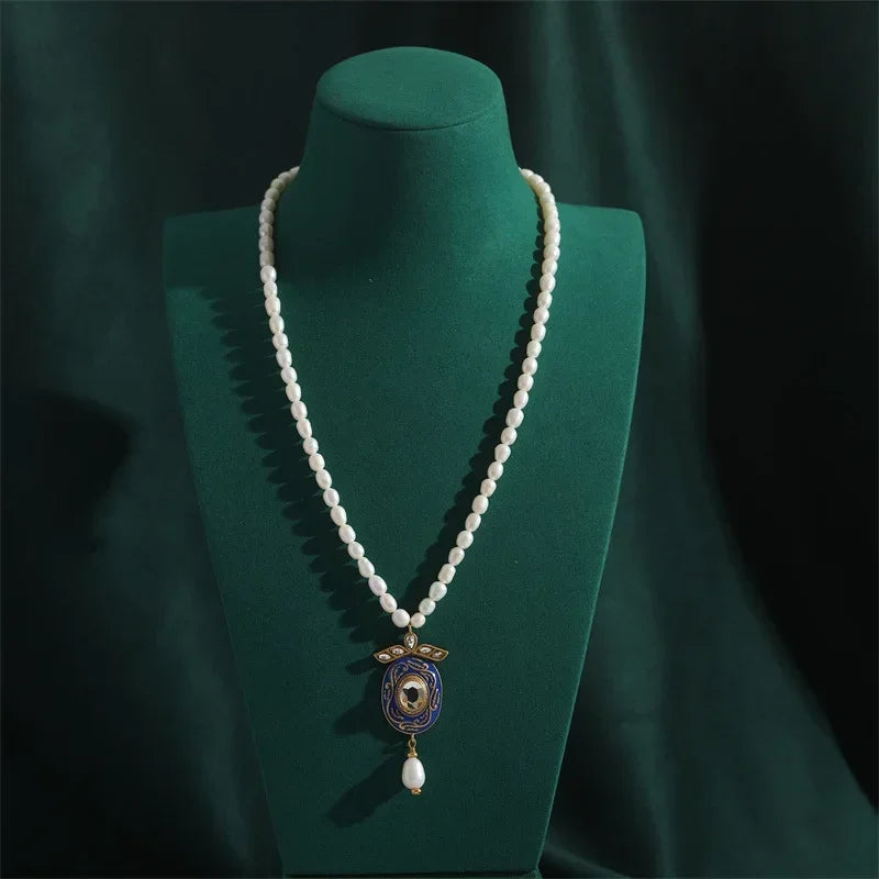 Vintage Freshwater Pearl Necklace with French Court Oval Enamel Pendant
