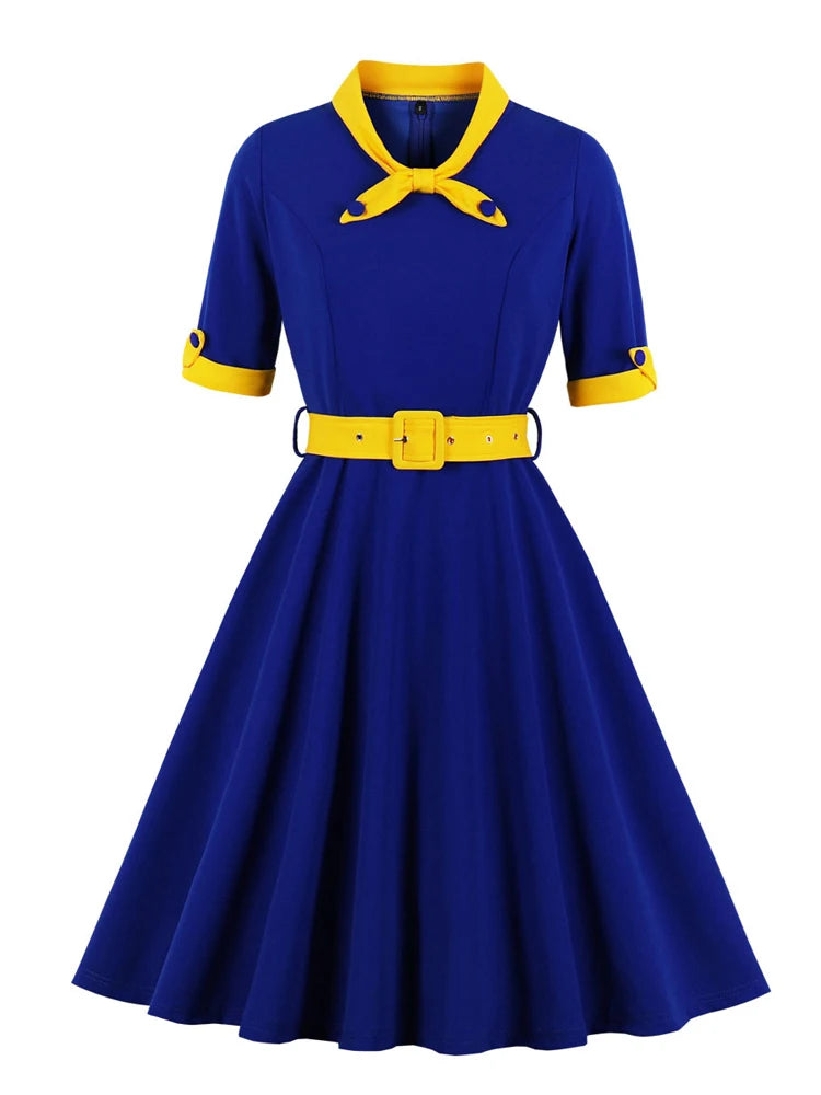Elegant Vintage Style Belted Swing Dress - Multiple Colors!