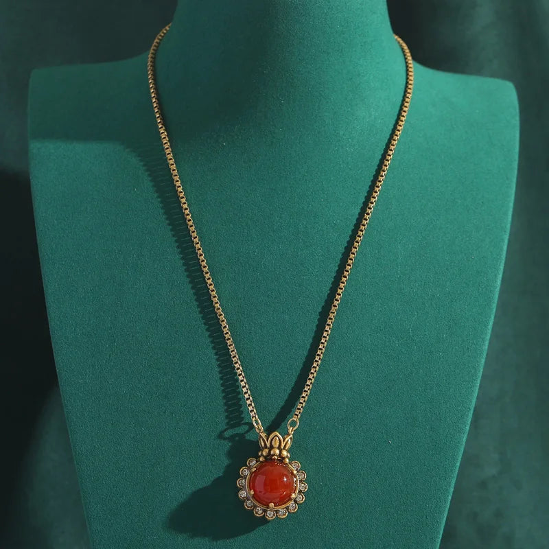 Vintage Red Agate & Rhinestone Gold Tone Pendant Necklace