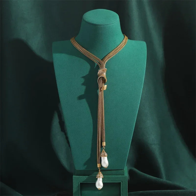 Gold Chain Pearl Tassel Necklace – Baroque Bohemian Revival