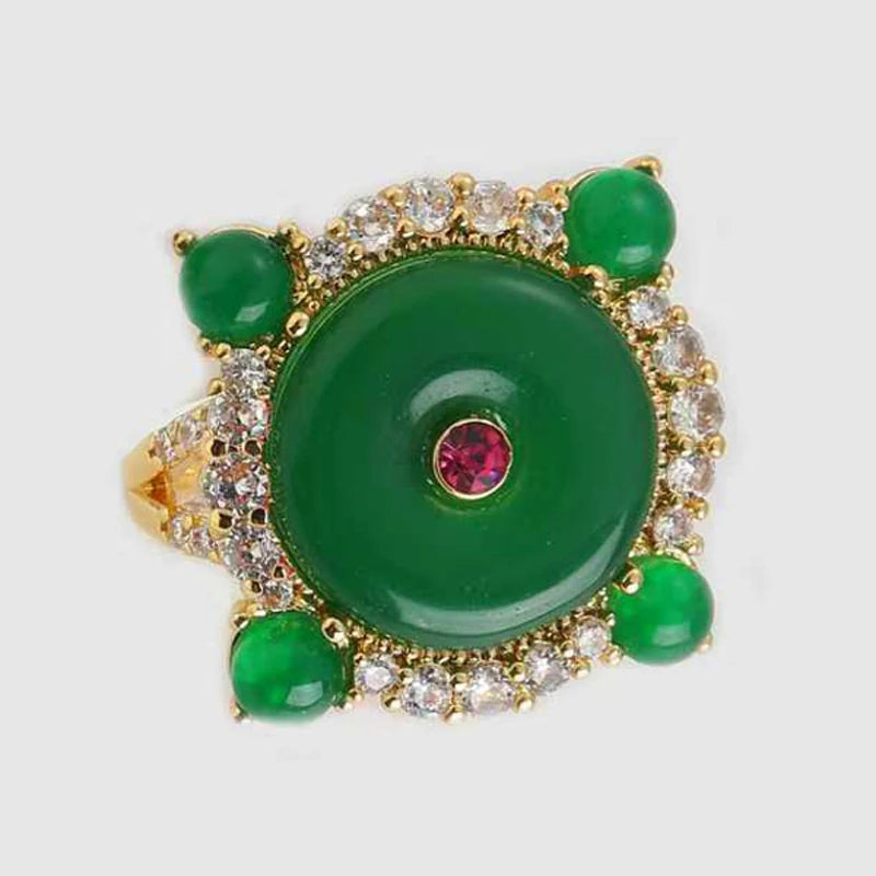 Vintage Jadeite Disc Gold-Plated Statement Ring – Adjustable