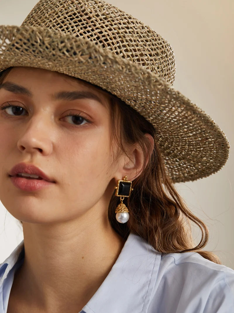 Square Black Agate & Pearl Drop Earrings – Vintage-Inspired Regal Glam