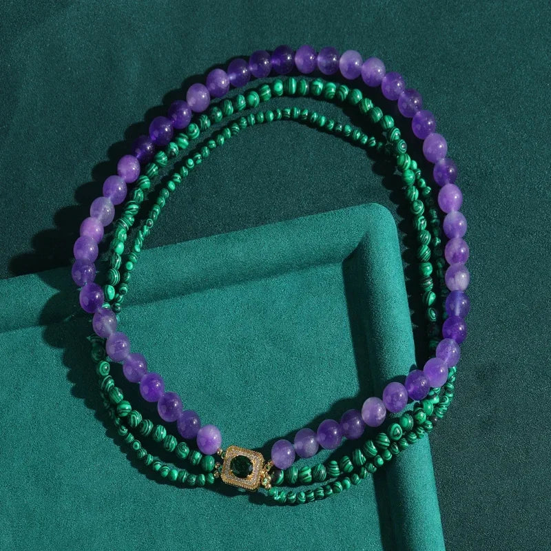 Vintage Green Malachite Beads Necklace – Layered Earth & Crystal Charm