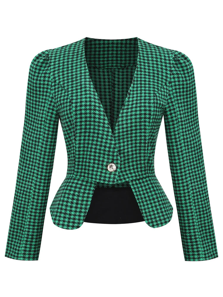 Vintage Chic Houndstooth Peplum Blazer - Retro Cropped V-Neck Jacket