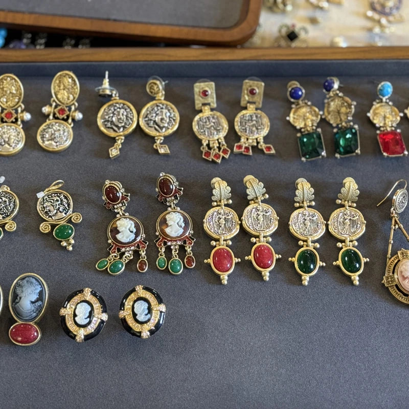 Green Cameo Feather Drop Earrings – Victorian-Inspired Heirloom Glam