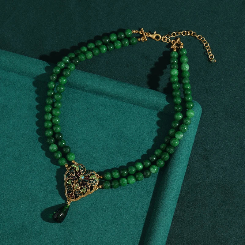 Boho Mod Layered Green Beads Necklace – Ornate Heart Pendant Statement Strand