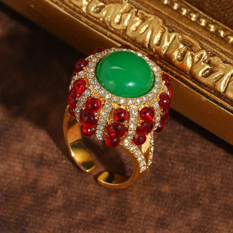 Vintage Green Agate & Red Glaze Gold-Plated Statement Ring – Adjustable