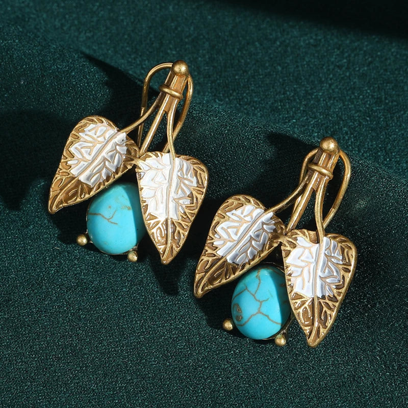 Vintage Turquoise Leaf Drop Earrings – Boho Bloom & Sea Stone Charm