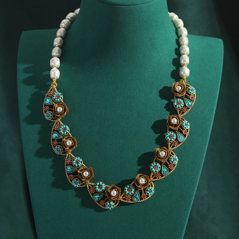 Vintage Freshwater Pearl Necklace with 3D Flower & Leaf Motif