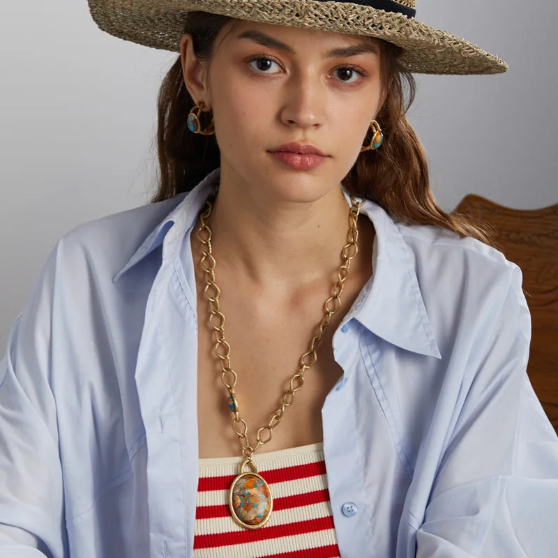 Boho Rococo Nautical Map Jewelry Set – Oval Stone Pendant, Earrings & Ring in Antique Copper