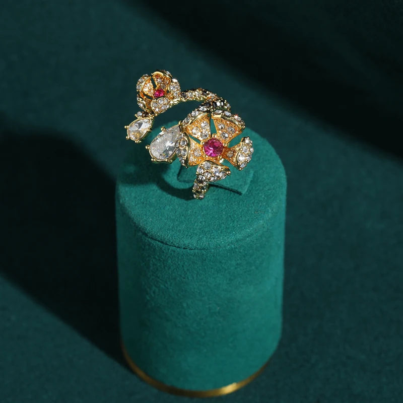 Vintage Natural Stone Double Big Flower Gold Plated Open Ring - Rhinestone Accents