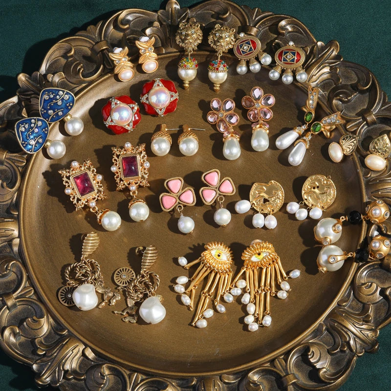 Victorian / Art Nouveau Serpent's Embrace Drop Earrings - Natural Stone & Antique Gold