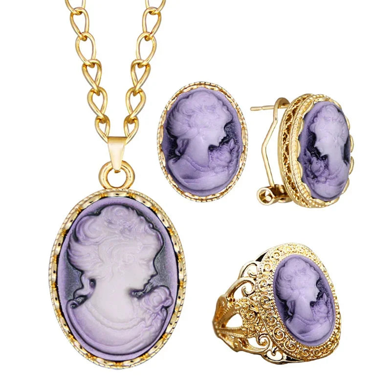 Lady Queen Cameo Jewelry Set (Necklace, Earrings & Ring)
