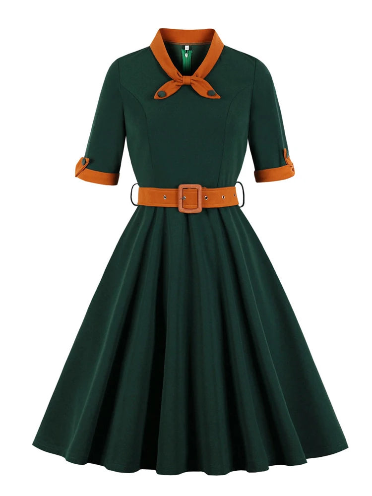 Elegant Vintage Style Belted Swing Dress - Multiple Colors!