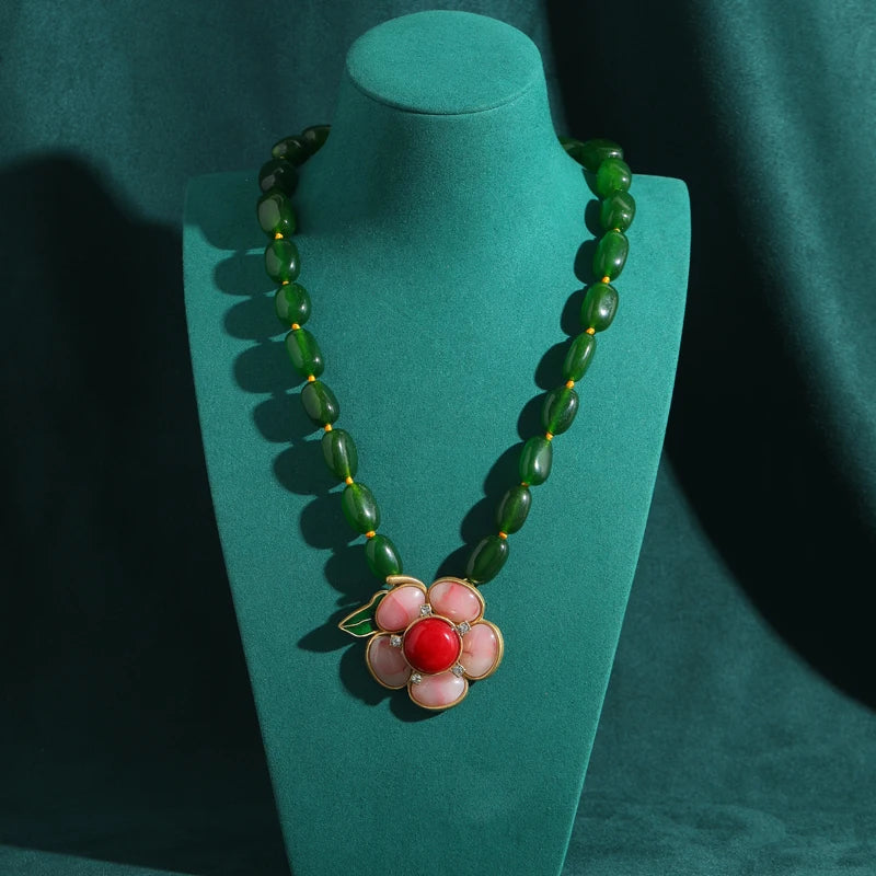 Vintage Green Glaze Beaded Necklace with Pink Flower Pendant