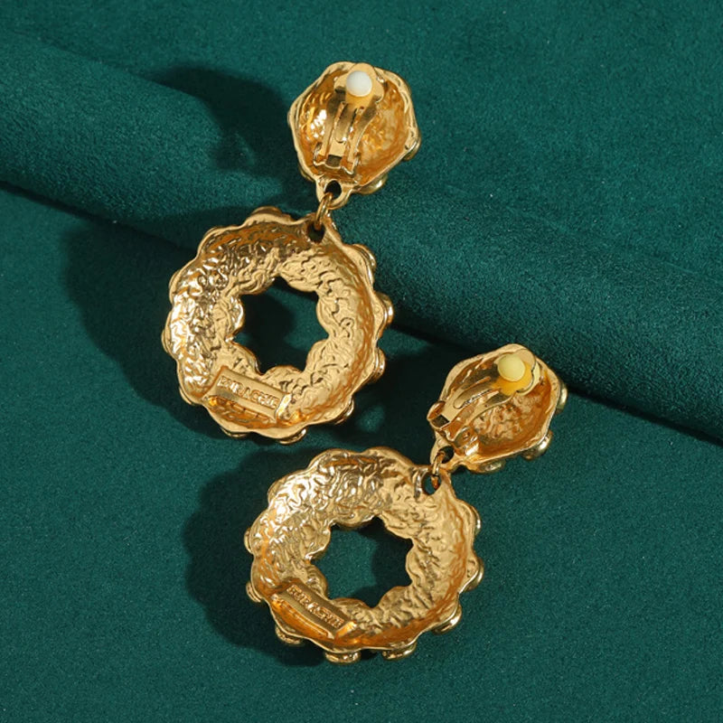 80s Power Glam Blue Crystal Circle Drop Earrings – Oversized Clip-On Statement Pair