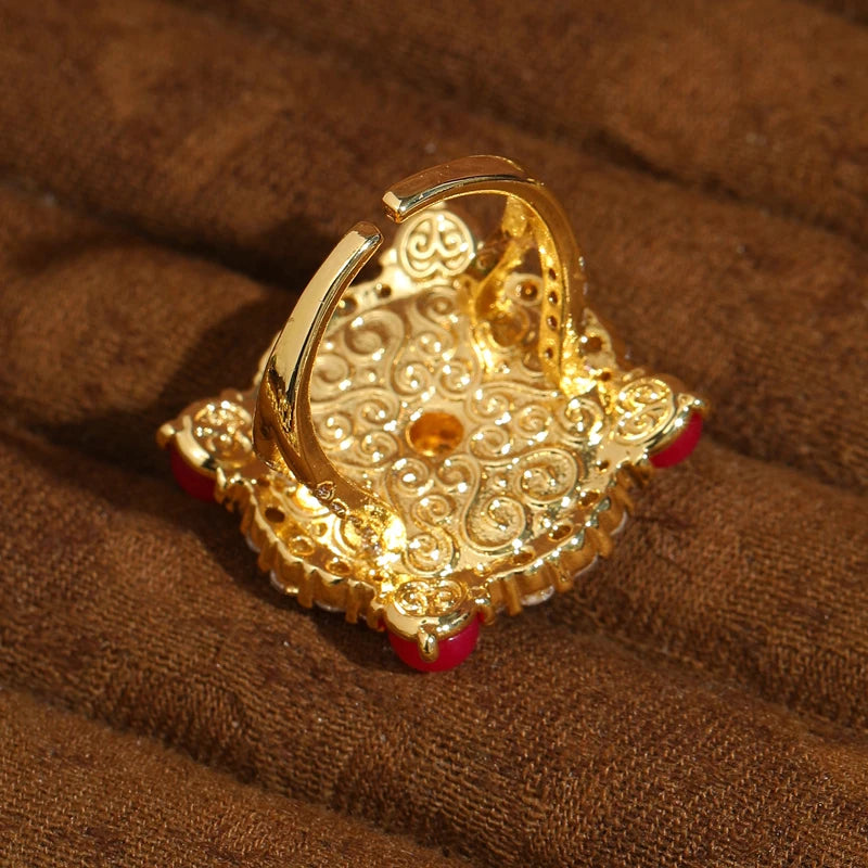 Vintage Rose Red Agate Pink Gold Plated Ring - Natural Stone & Knot Design