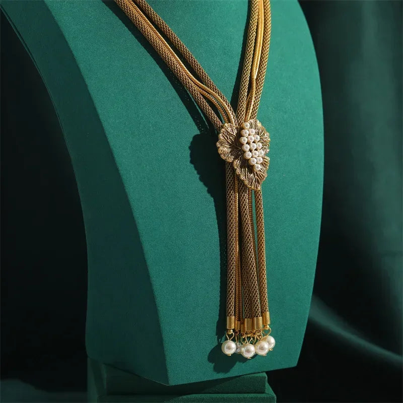 Vintage Gold Tone Tassel & Pearl Long Lariat Necklace