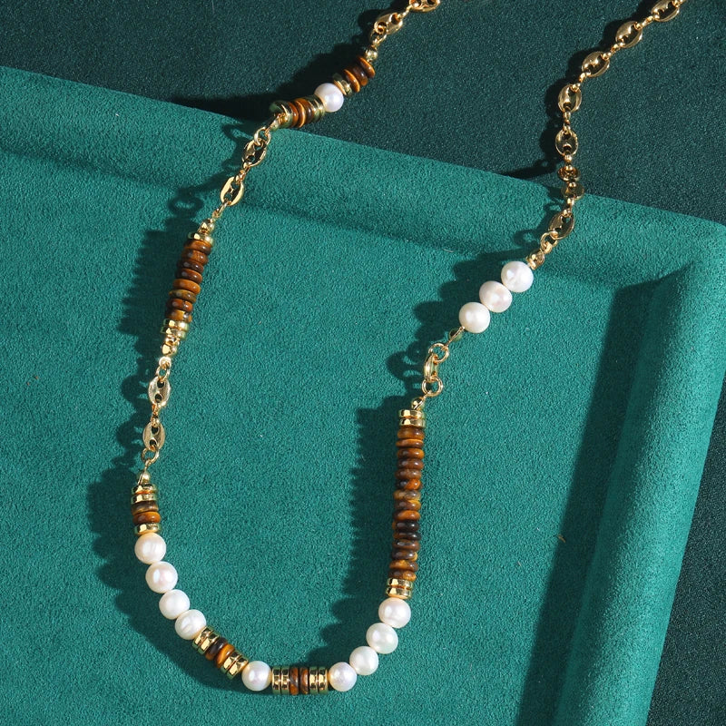 Vintage Pearl & Tiger Eye Beaded Choker Necklace