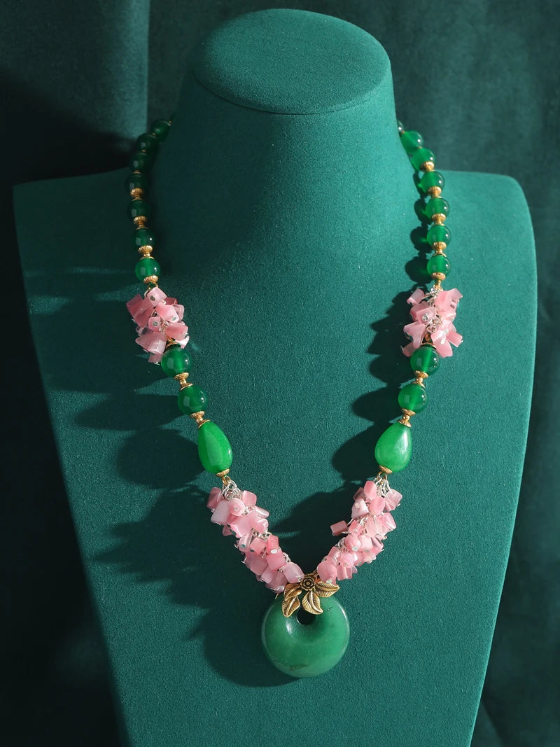 Vintage Jade Beaded Necklace with Pink Flower Accents