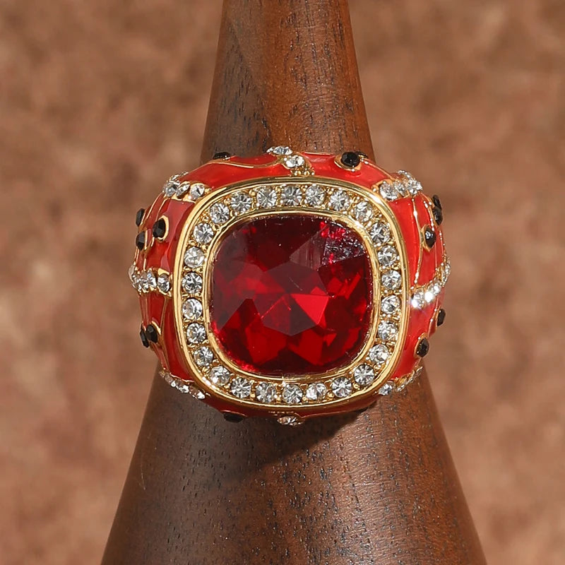 Vintage Red Crystal Square Gold-Plated Statement Ring – Adjustable