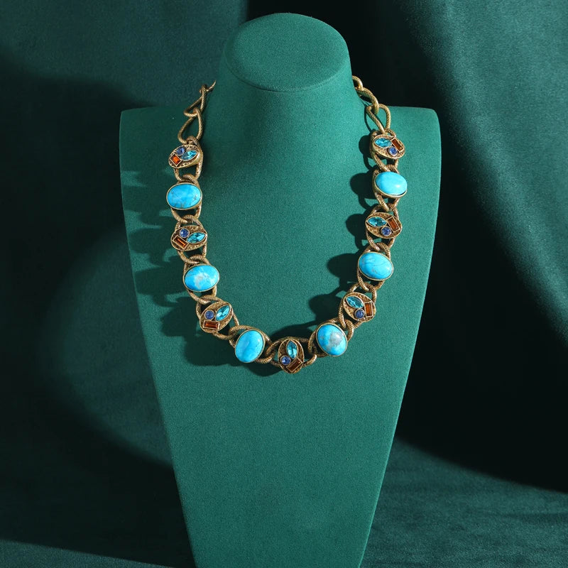 Vintage Turquoise Blue Stone Necklace with Antique Gold Chain