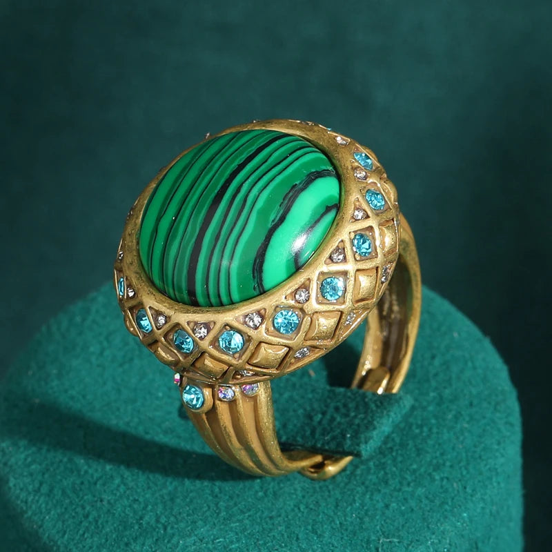 Vintage-Inspired Malachite Statement Ring – 18K Gold-Plated Copper