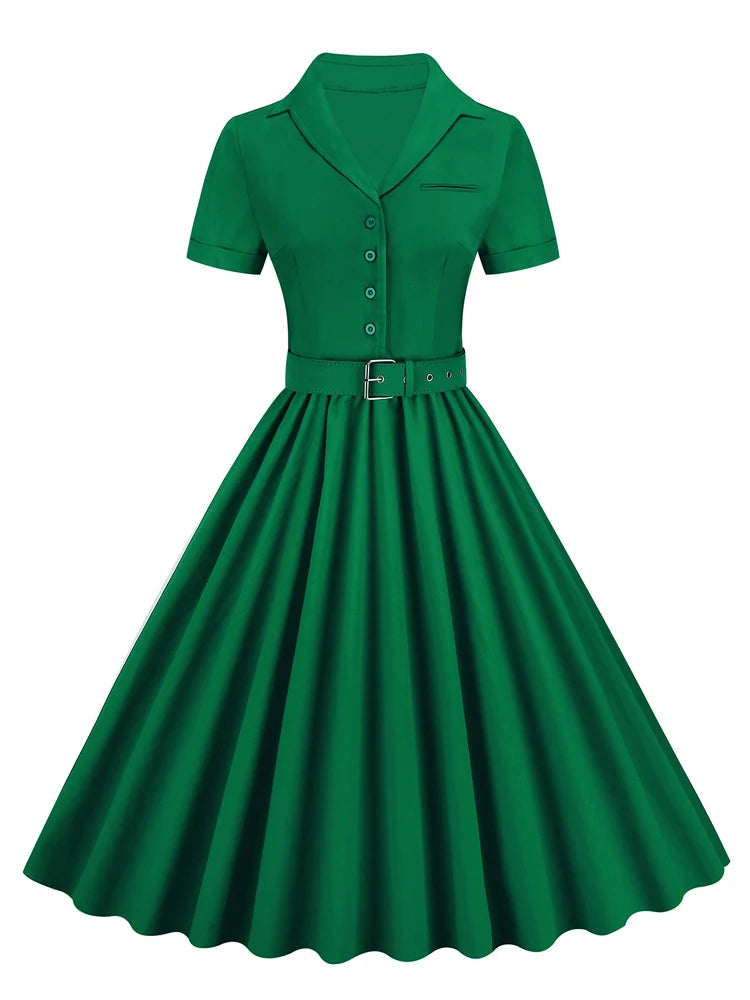Classic 1950s Vintage Shirtwaist Swing Dress with Belt - Retro Button-Up Midi