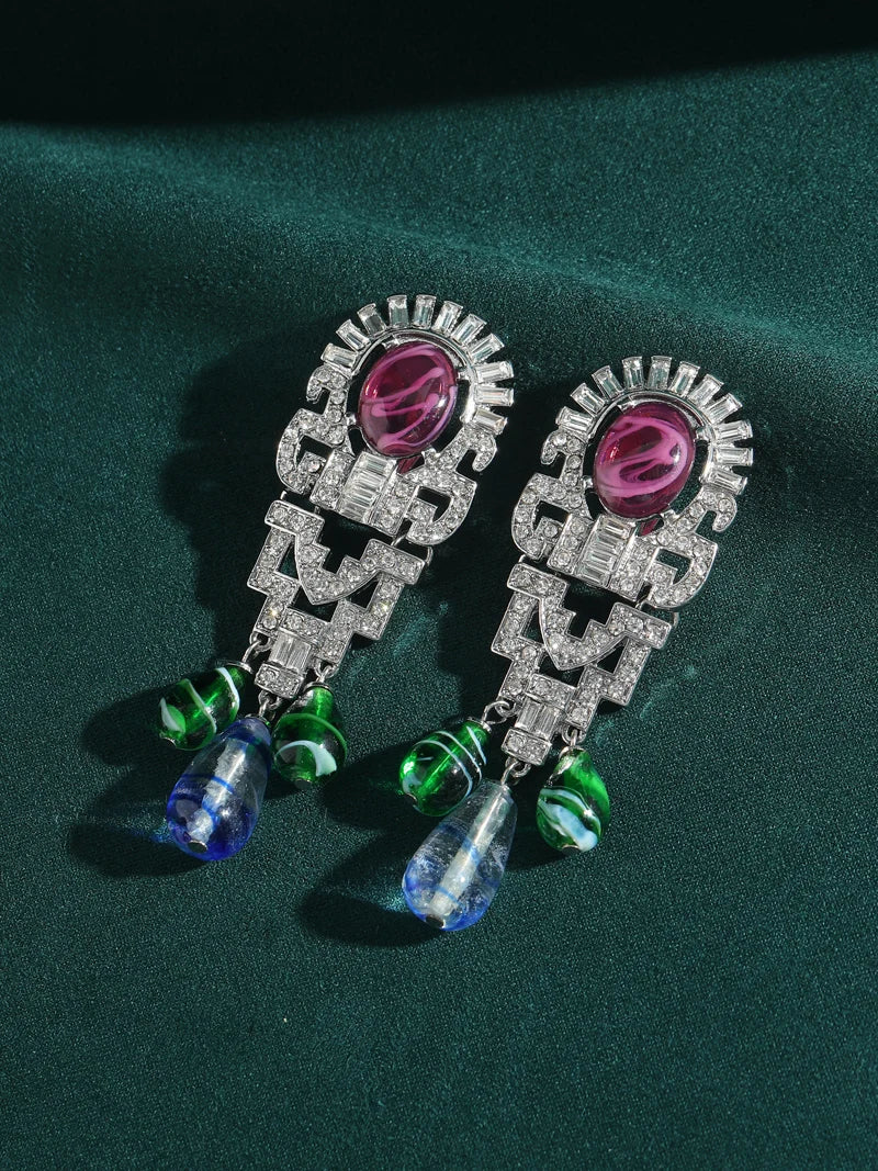 1950s Retro Hollywood Waterdrop Earrings – Purple Glass & Zircon Statement Pair