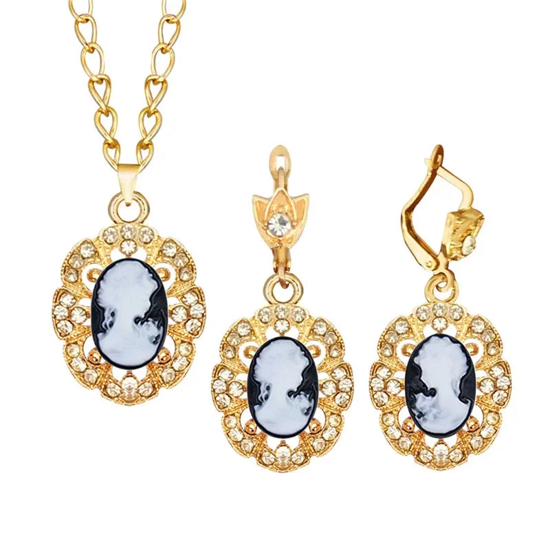 Lady Queen Pink Cameo Jewelry Set – Necklace & Earrings (1890s Inspired)