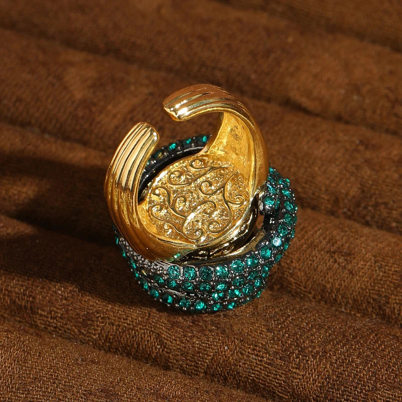 Vintage Green Rhinestone Snake Gold Plated Ring - Natural Stone Inlay