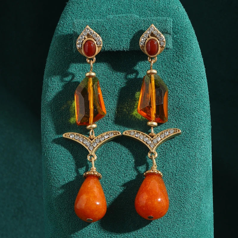 Vintage Autumn Glow Drop Earrings: Orange Glass & Citrine with Rhinestone Accents