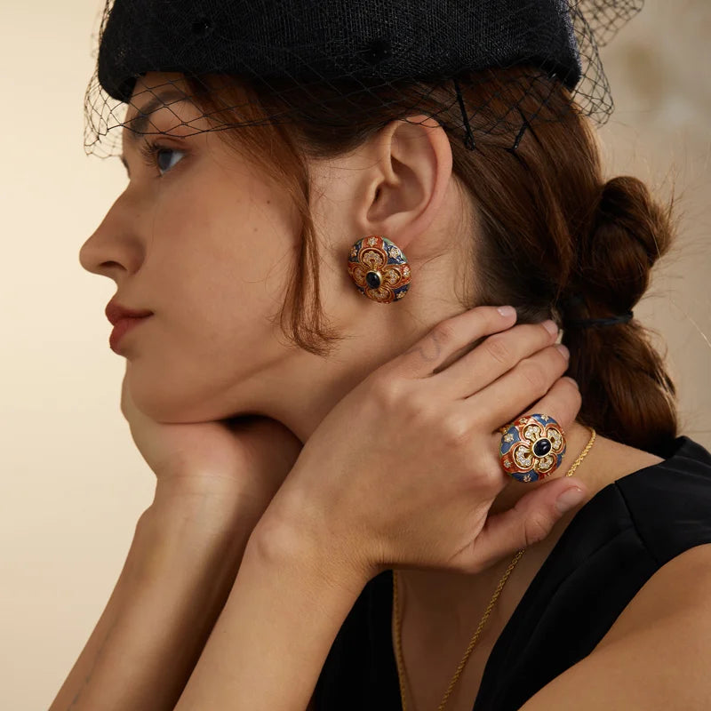 Art Deco Oval Enamel Earrings – Carved Floral Studs with Blue Glaze