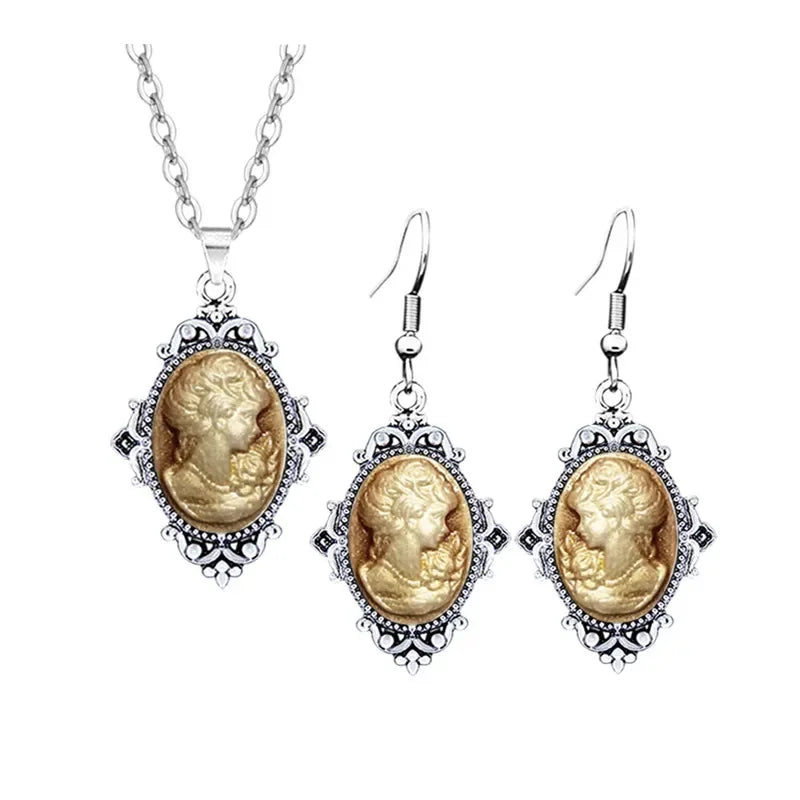Lady Queen Cameo Jewelry Set – Flower Pendant Necklace & Earrings (1890s Inspired)
