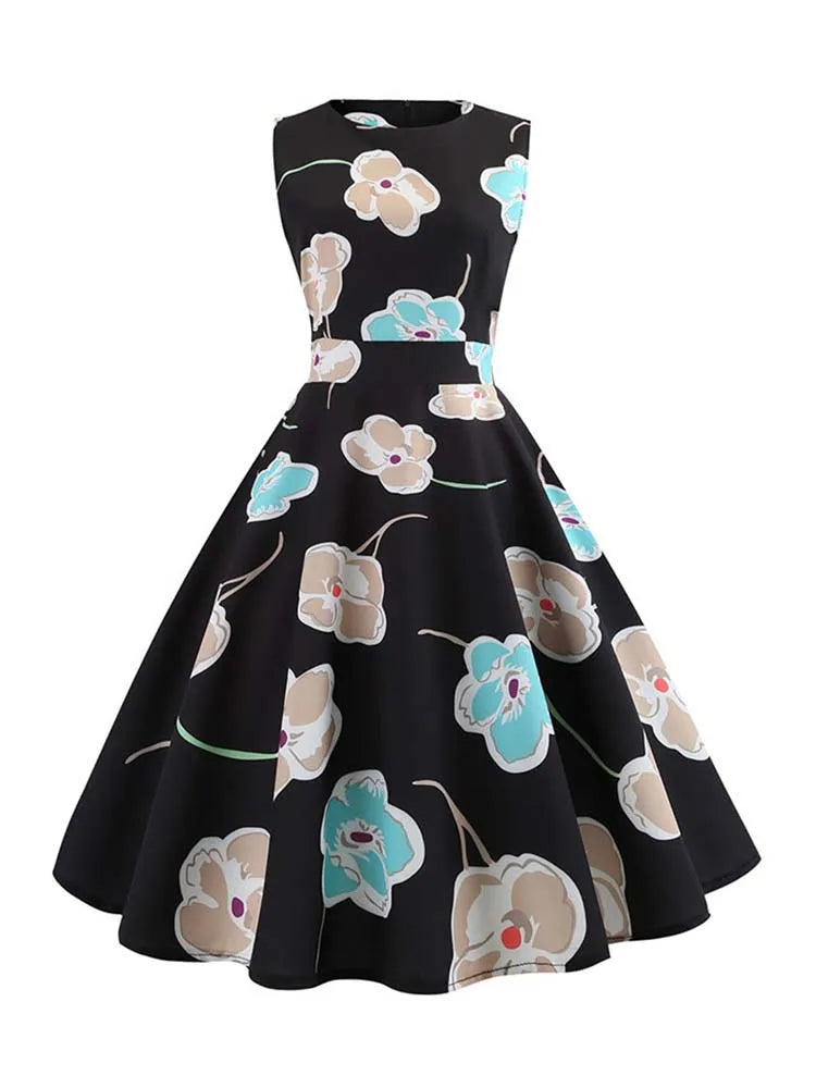 Vintage Black Floral Swing Dress