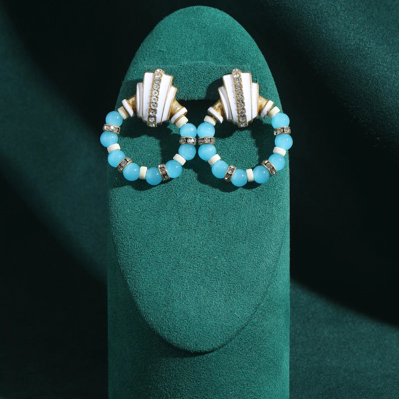 Vintage White Shell & Blue Bead Hoop Earrings - Silver Inlay & Rhinestone