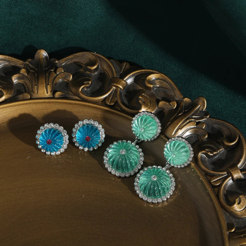 Art Deco Blue Pumpkin Glass Drop Earrings – Transparent Double Sphere Statement Pair